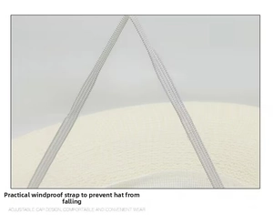 Detail of adjustable windproof chin strap on breathable white summer sun hat for men