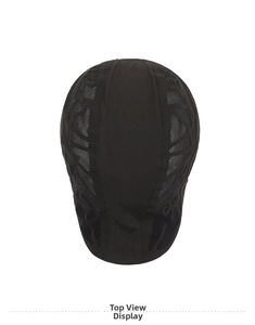 Top view of men's black flat cap featuring breathable mesh side panels and lightweight fabric