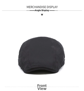 Front view of black British vintage newsboy cap with classic cotton twill fabric