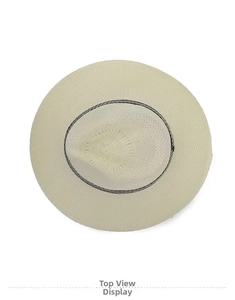 Top view of a beige knitted sun hat with wide brim and decorative black and white band