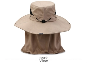 Vista posteriore del cappello da sole kaki con tesa larga e protezione per il collo