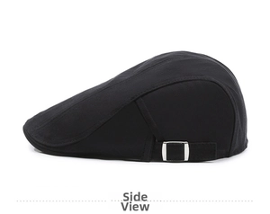 Side view of black cotton flat cap featuring adjustable silver metal buckle and clean stitching