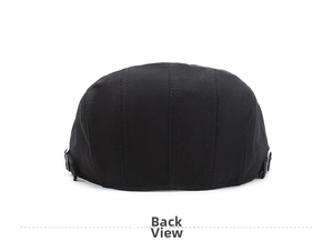 Rear view of black retro newsboy cap showing twill fabric and side metal buckle adjusters