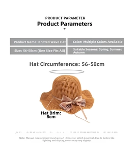 Size chart showing 56-58cm circumference and 8cm brim of knitted bow sun hat