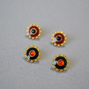 Vintage Brass Gold Plated Gear Stud Earrings Natural Agate Inlaid Enamel Sunburst Earring With 925 Sterling Silver Post
