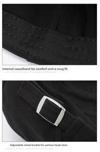 Detail of internal sweatband and adjustable silver metal buckle on a black cotton baker boy cap