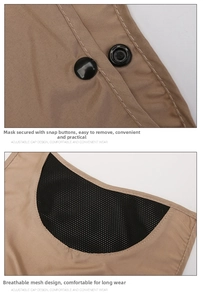 Dettaglio cappello kaki con rete traspirante e bottoni automatici in metallo resistenti