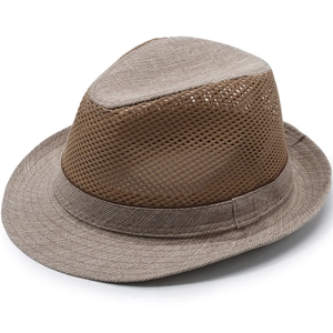 Men's breathable mesh Fedora hat in khaki for summer sun protection and stylish jazz look