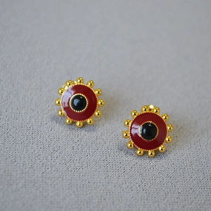 Minimalist brass gold gear earrings with red enamel and black agate inlay