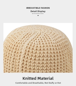 Close-up of the breathable knitted fabric texture on the beige summer sun hat
