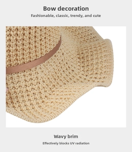 Detailed close-up of breathable straw sun hat with woven texture and brown ribbon bow