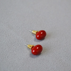 Minimalist vintage oval red enamel stud earrings with golden finish base for women