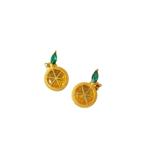 Creative gold-plated orange slice stud earrings with sparkling yellow and green zircons