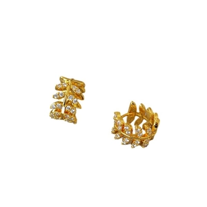 Golden olive leaf hoop earrings with shimmering cubic zirconia in a minimalist style