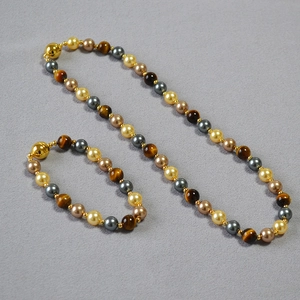 Vintage Maillard Style Beaded Necklace Bracelet Tiger Eye Stone Faux Artificial Pearl Gold Plated Brass Magnetic Buckle For Women