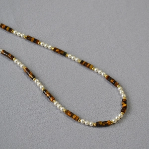 Tiger Eye Stone And Artificial Pearl Beaded Choker Necklace Handmade Vintage Maillard Style Elegant Jewelry For Women