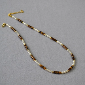 Vintage tiger eye and pearl beaded necklace with gold accents and lobster clasp