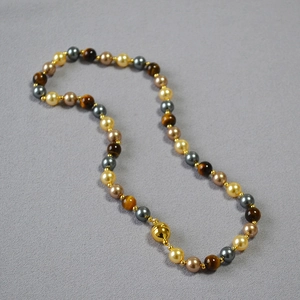 Tiger eye and pearl colorful beaded necklace with a golden magnetic sphere clasp