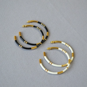 Vintage Oversized Brass 18K Gold Plated Bamboo Style Hoop Earrings Handmade Enamel 925 Sterling Silver Post For Women Jewelry