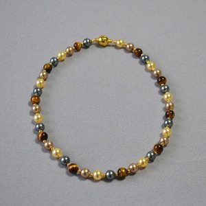 Tiger eye and pearl beaded necklace with golden magnetic clasp in vintage fall style