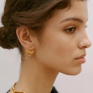 French vintage brass gold plated moon ship earrings with irregular textured crescent jacket