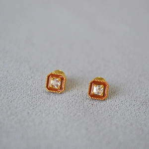Boucles d'Oreilles Clous en Cuivre Carrées Géométriques Vintage Avec Tige en Argent Sterling 925 Zirconia Émail Brun Bijoux pour Femmes