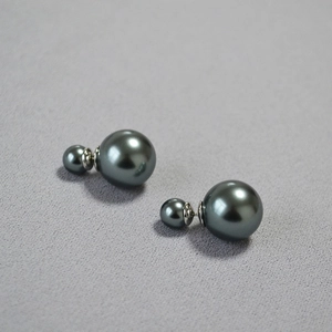 Classic double gray pearl earrings with 925 silver needle and elegant front-back design