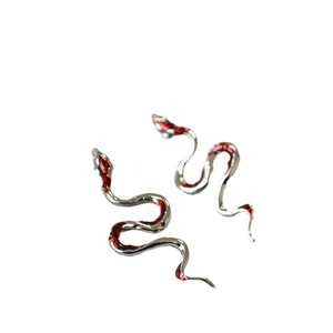Snake earrings in silver metal with red enamel details on a clean white background