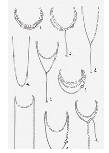 Technical line drawing showing multiple pearl necklace styles with T-bar clasps