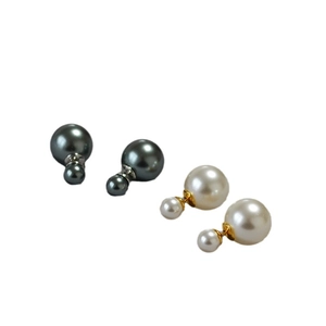 Elegant 925 silver double-sided faux pearl stud earrings in white and charcoal grey sets