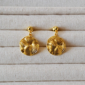 French Vintage Brass 18K Gold Plated Annual Ring Disc Stud Earrings With 925 Sterling Silver Post For Women Jewelry
