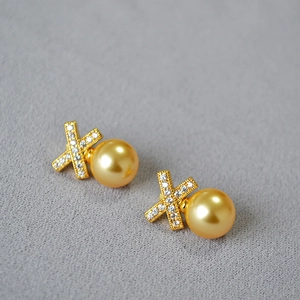French style brass X-cross earrings with zircon inlay and golden luster pearls