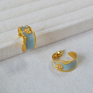 French retro gold C-shape hoop earrings with blue enamel flowers and zircons
