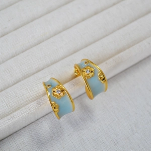 French Retro Handmade Enamel Flower C-Shape Stud Earrings With 925 Sterling Silver Earring Post Gold Copper Rhinestone Earrings
