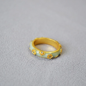 Vintage French Brass Gold Plated Enamel Flower Zirconia Ring Artistic Aesthetic Elegant Green Floral Finger Ring Jewelry