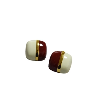 Minimalist square geometric enamel stud earrings in cream and burgundy with gold accent