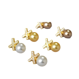 French style cross brass earrings with cubic zirconia and round pearls in gold finish