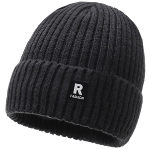 Thick black knitted beanie with white R FASHION label for winter outdoor warmth