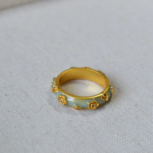 Vintage French style gold plated flower ring with green enamel and zircon accents