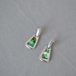 Retro geometric drop earrings with iridescent abalone shell in silver metal frames