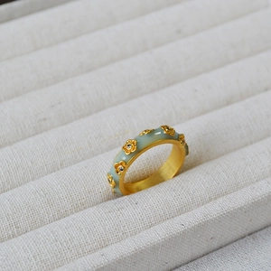 French vintage brass gold ring with light blue enamel and floral zircon patterns