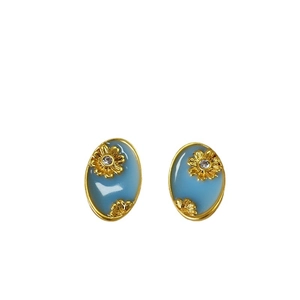 French vintage oval flower enamel stud earrings with sunflower relief and blue finish