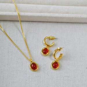 Vintage Kupfer Vergoldet Rot Grün Achat Halskette Ohrringe Set Oval Edelstein Eingelegt Minimalistisch Schmuck Damen Bankett Party