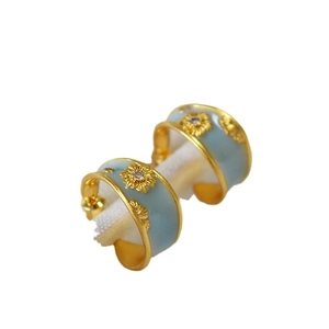 French retro C-shape hoop earrings with light blue enamel sunflower and zircon stud