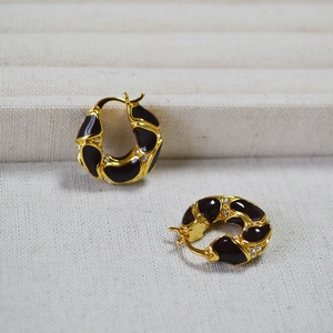 French vintage gold-plated lava texture earrings with burgundy enamel and white diamonds
