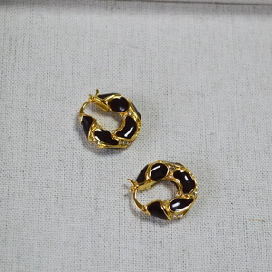 Vintage gold plated brass hoop earrings with black enamel and sparkling rhinestones