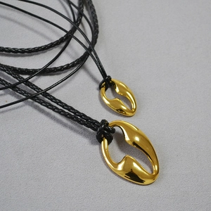 Minimalist Brass Hollow Oval Pendant Necklace Long Black Artificial Leather Cord Waist Chain For Women Niche Design Jewelry