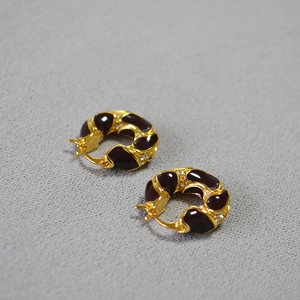 French vintage brass gold earrings with burgundy enamel and lava texture hoops