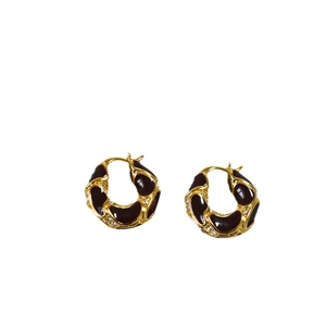 French vintage gold plated brass earrings with burgundy enamel and fine crystals
