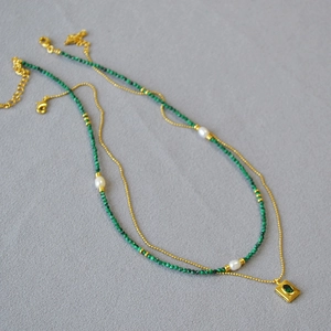 French Vintage Malachite Style Beaded Necklace Artificial Pearl Square Pendant Layered Gold Necklace For Women Jewelry